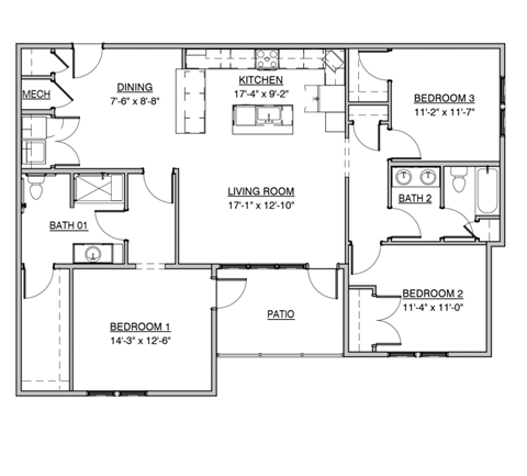 Floor plan for 3 beds, 2 baths, 1550 sqft